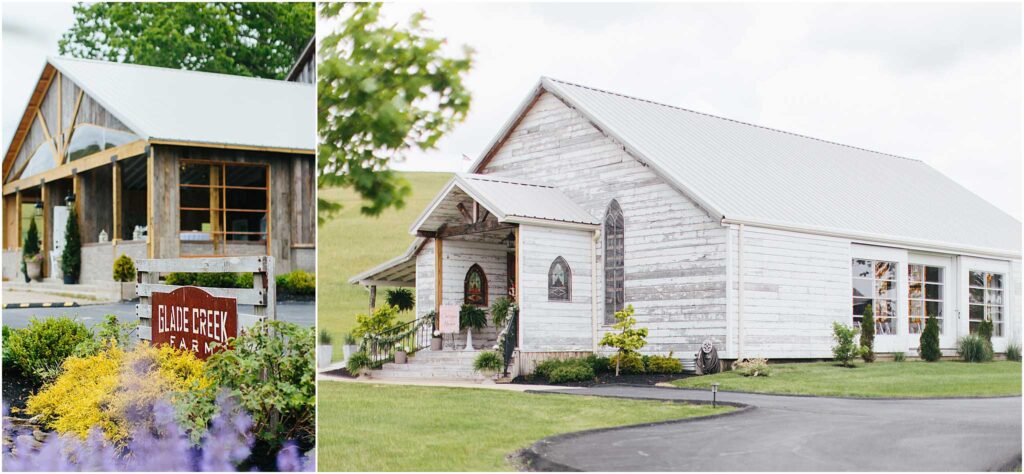 White open air chapel with spring flowers and venue sign