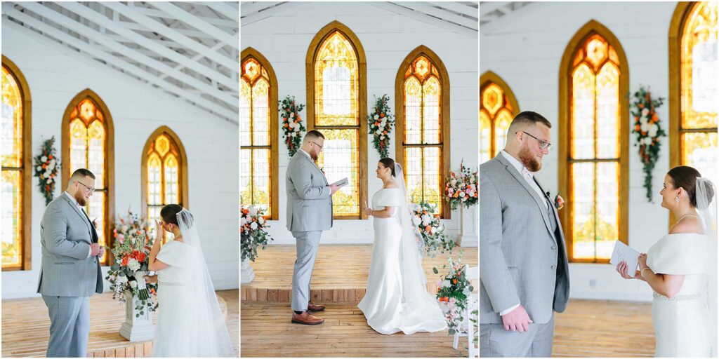 Bride and groom sharing private vows in chapel